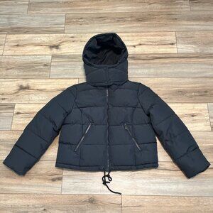Roxy Ellie Short Cropped Puffer Jacket SZ Large Black Hooded High Collar